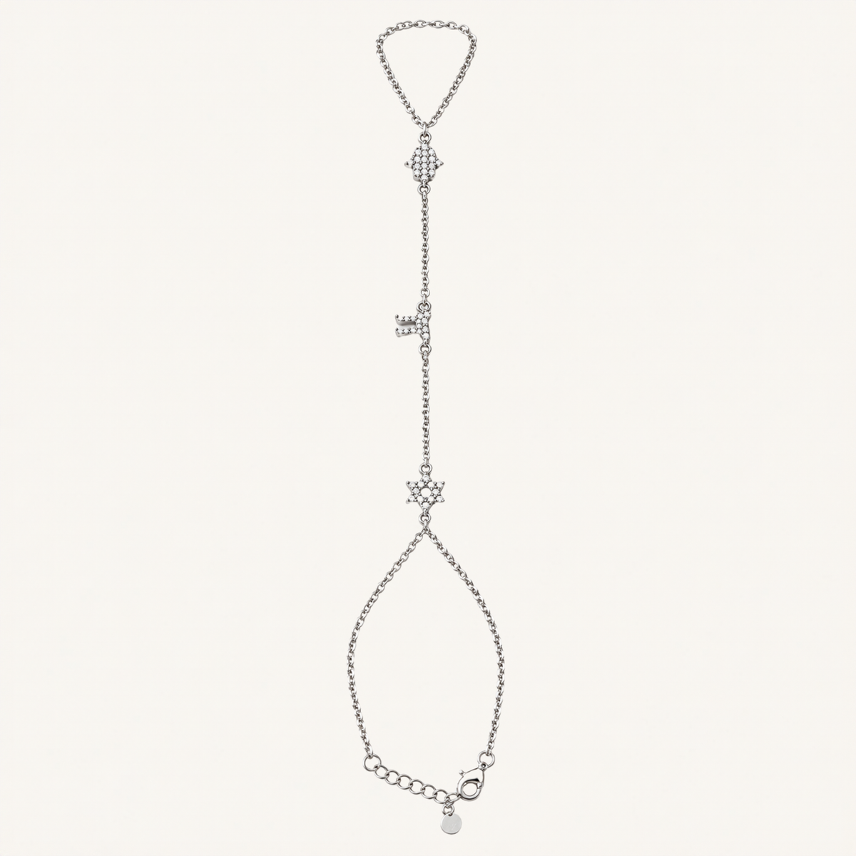 Silver-tone hand chain with Hamsa, Chai and Star of David charms.