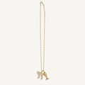 A gold chain necklace featuring a pendant with a pink and white striped flag and a gold fish, displayed against a solid off-white background.