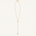 A delicate gold lariat necklace featuring a Star of David pendant at the upper dangle and a small Hebrew initial pendant at the bottom, both accented with clear stones, shown on a light cream background.
