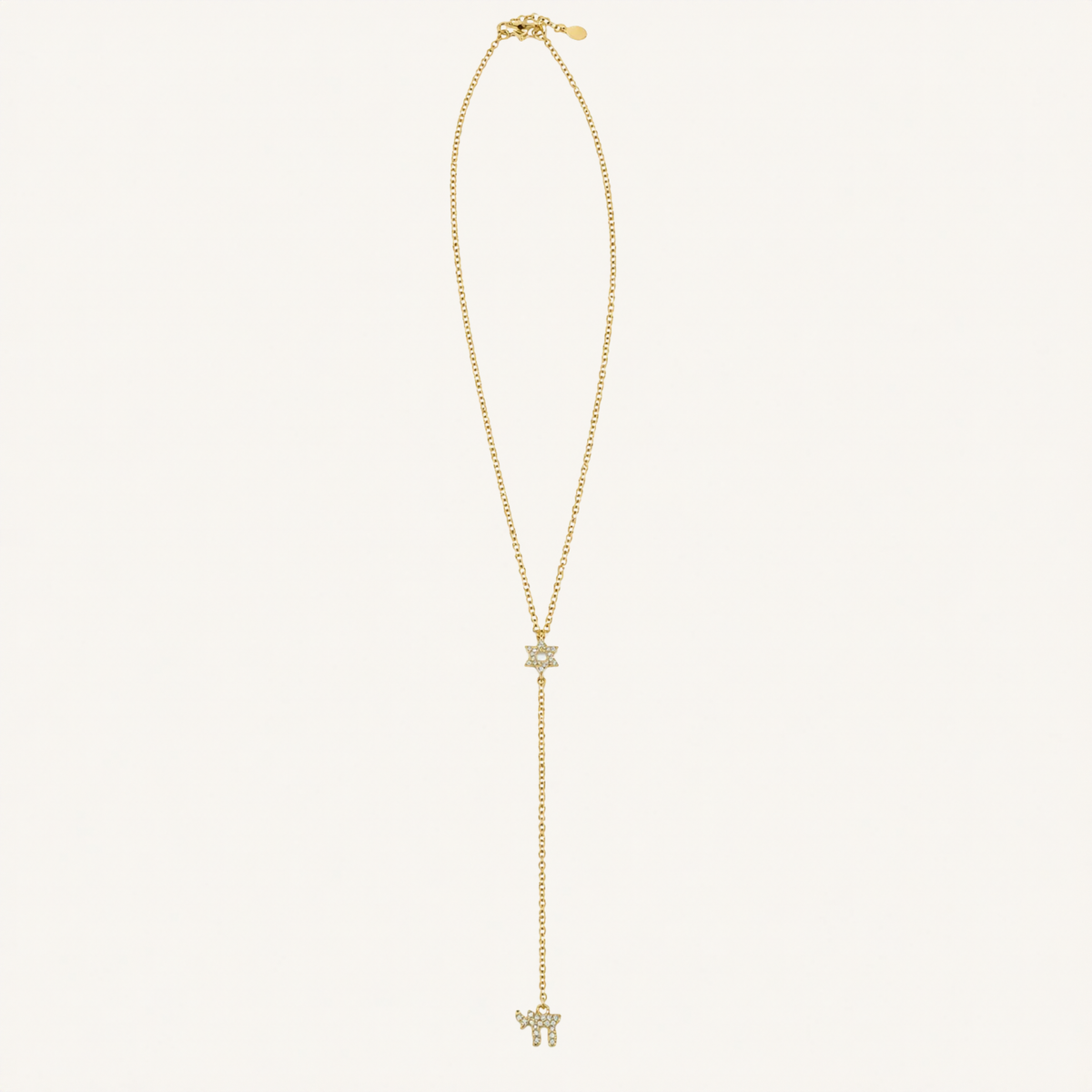 A delicate gold lariat necklace featuring a Star of David pendant at the upper dangle and a small Hebrew initial pendant at the bottom, both accented with clear stones, shown on a light cream background.