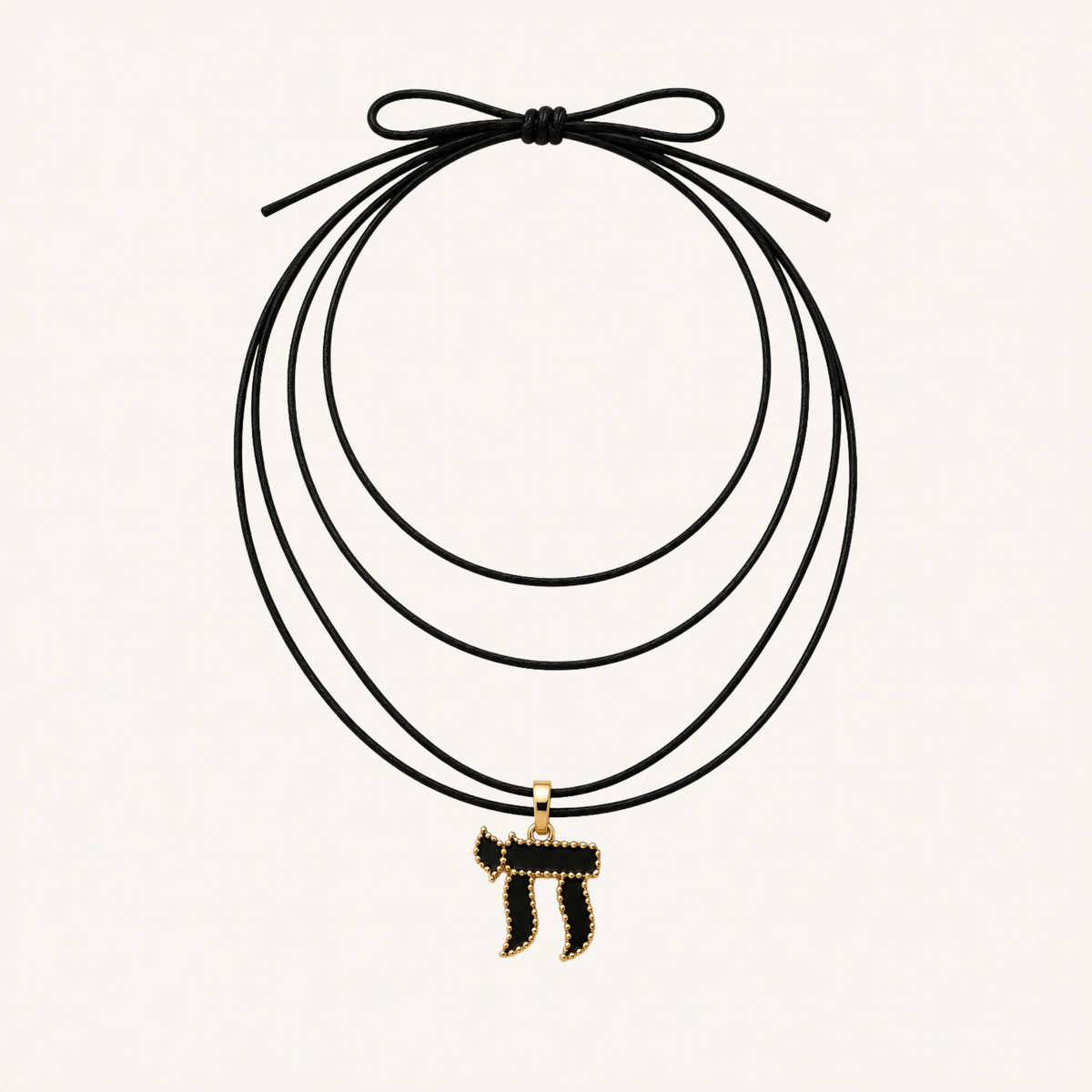 Black multi-strand cord necklace with a Chai pendant.