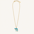 Gold-tone chain necklace with a blue Chai pendant.
