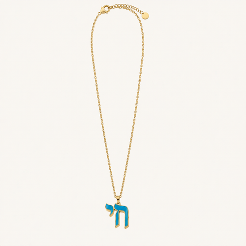 Gold-tone chain necklace with a blue Chai pendant.