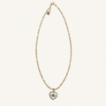 White beaded necklace with a heart-shaped evil eye pendant.