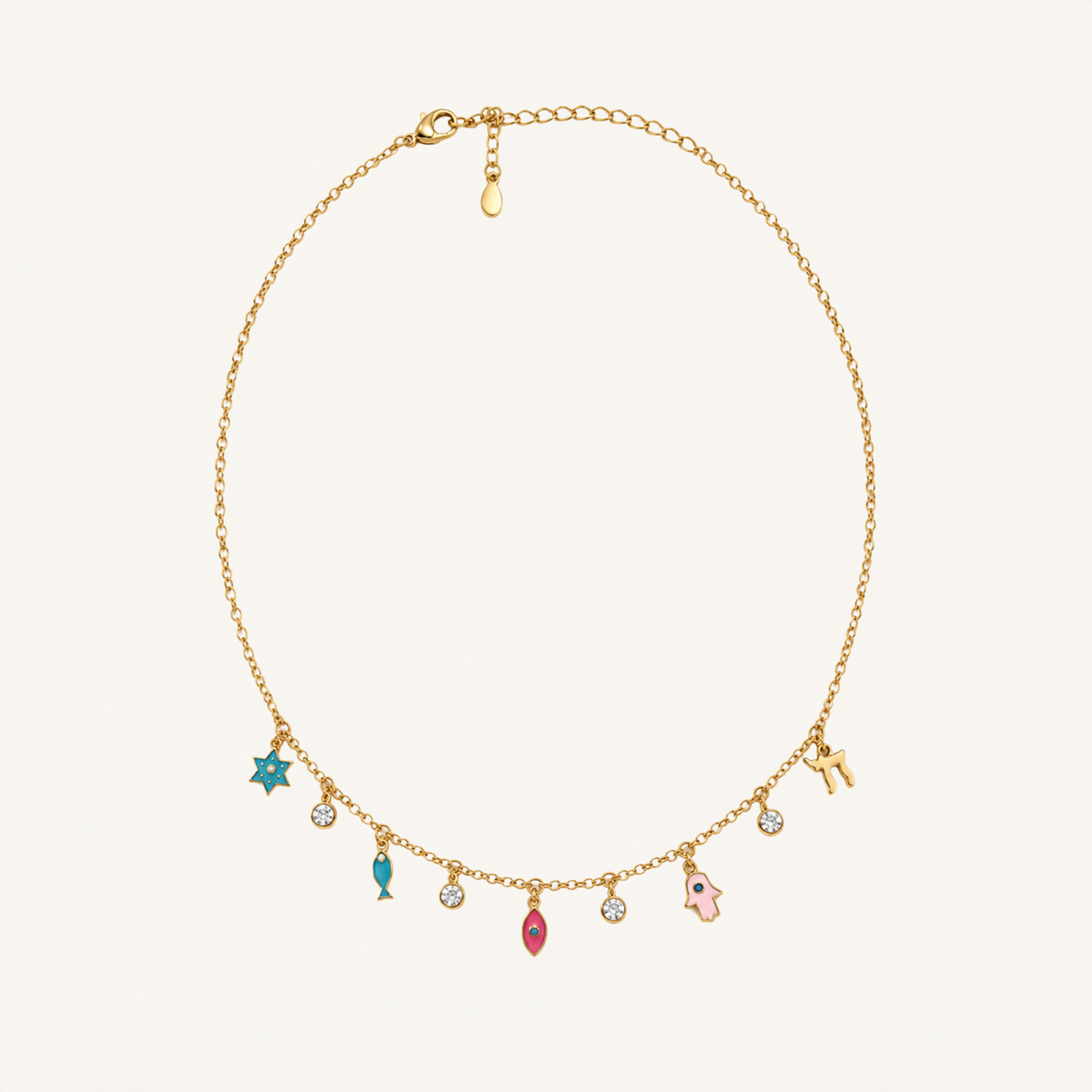 Gold-tone necklace with colorful symbolic charms, including a Hamsa, evil eye and Star of David.