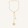 Gold-tone lariat necklace with Star of David and Chai pendants.