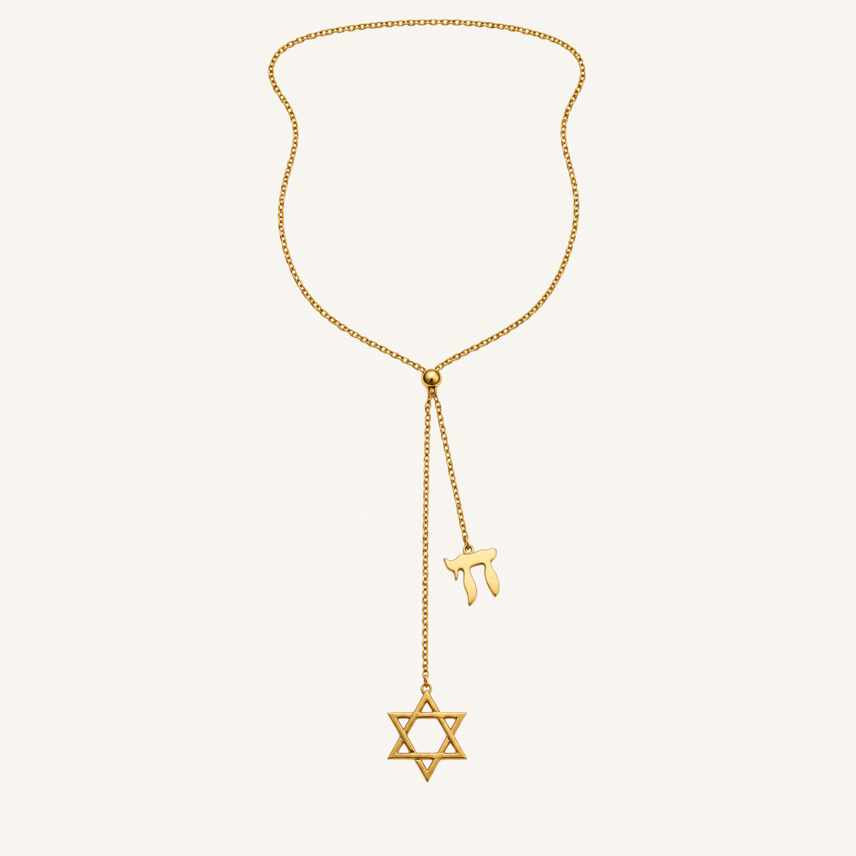 Gold-tone lariat necklace with Star of David and Chai pendants.