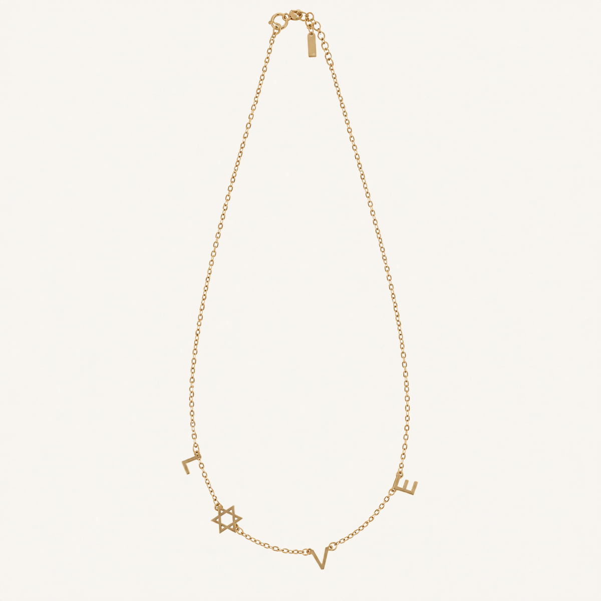 A delicate gold chain necklace featuring Hebrew letters and a Star of David charm, displayed against a solid off-white background.