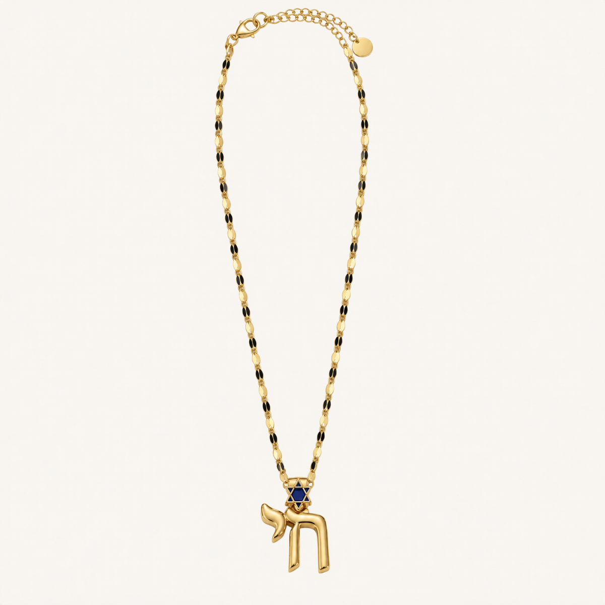 Gold-tone chain necklace with black bead accents and a Chai pendant with a blue Star of David.